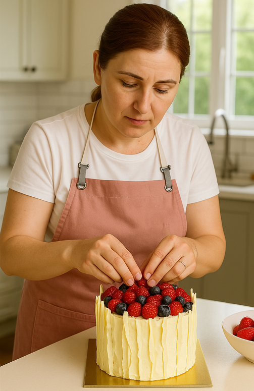 Amy making a beautiful cake in her kitchen.