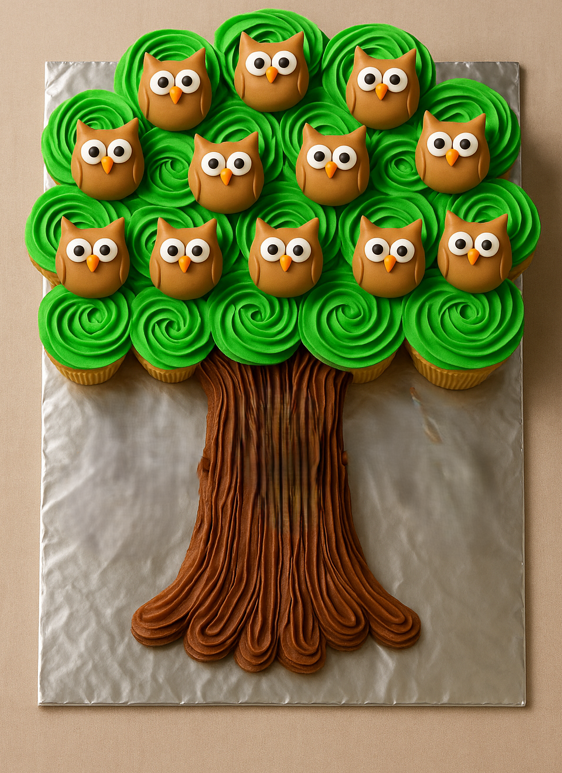 Tree cupcake cake with owl cake pops in the tree.